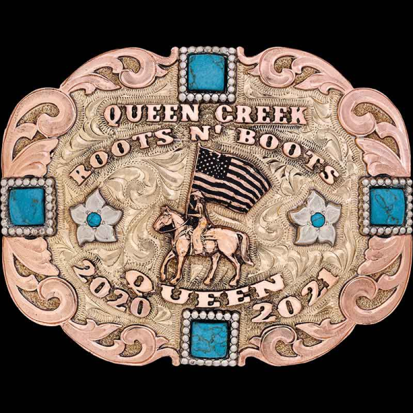 The Mayville Custom Belt Buckle is beautiful southwest style buckle featuring copper overlays and turquoise stones throughout the entire edge. Personalize this buckle today!